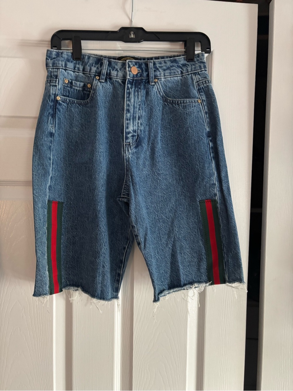 Denim Cutoff Shorts with Red & Green Stripes
